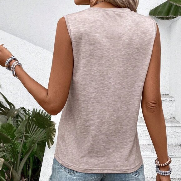 Khaki Casual Women's Solid Color Round Neck Tank Top - Picture 2 of 6